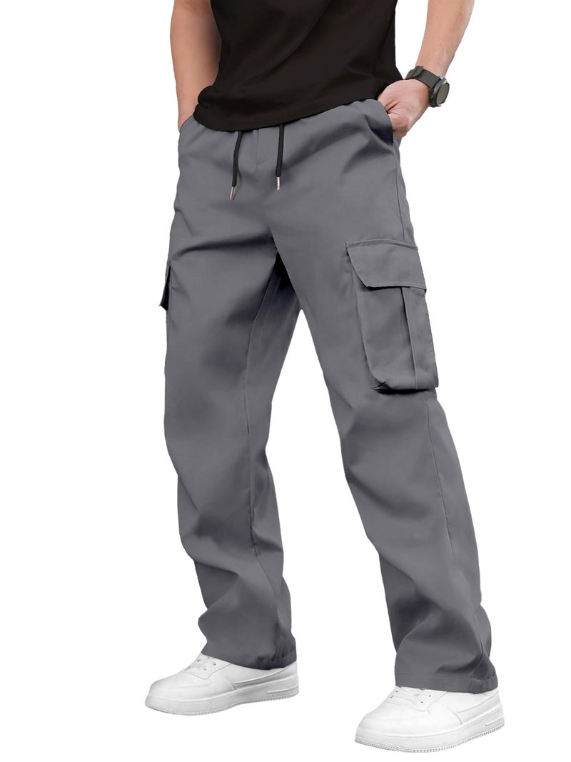 PLEPAN Men's Casual Cargo Pants Drawstring Hiking Pants Workout Tactical Joggers Sweatpants for Men Dim Grey X-Large - Image 2