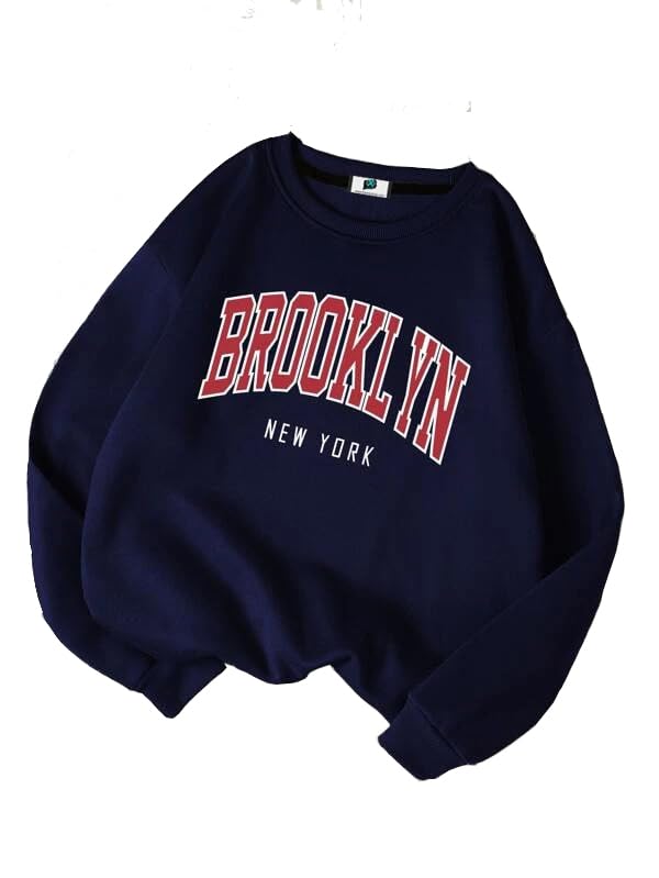 SXV Style Unisex Fleece 'Brooklyn Newyork' Printed Cool Aesthetic Drop Shoulder Oversized Round Neck Sweatshirt (M, Navyblue) - Image 5