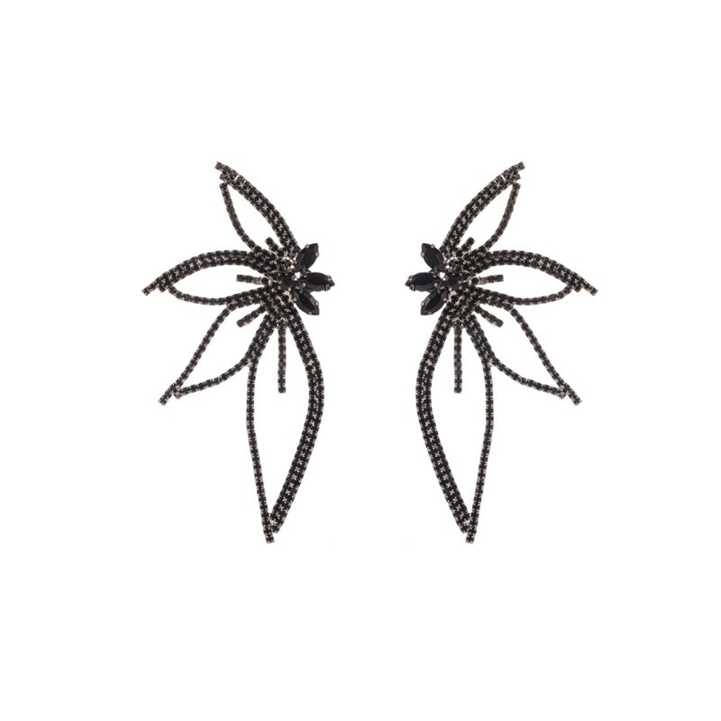 Uarein Huge Butterfly Stud Earring Boho Vintage Rhinestone Statement Earring Angel Wings Crystal Earrings Shiny Leaf-shaped Flower Stud Earrings Wedding Jewelry Gifts for Women (Black) - Image 1