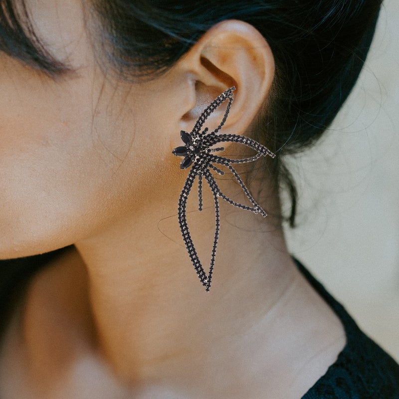 Uarein Huge Butterfly Stud Earring Boho Vintage Rhinestone Statement Earring Angel Wings Crystal Earrings Shiny Leaf-shaped Flower Stud Earrings Wedding Jewelry Gifts for Women (Black) - Image 2