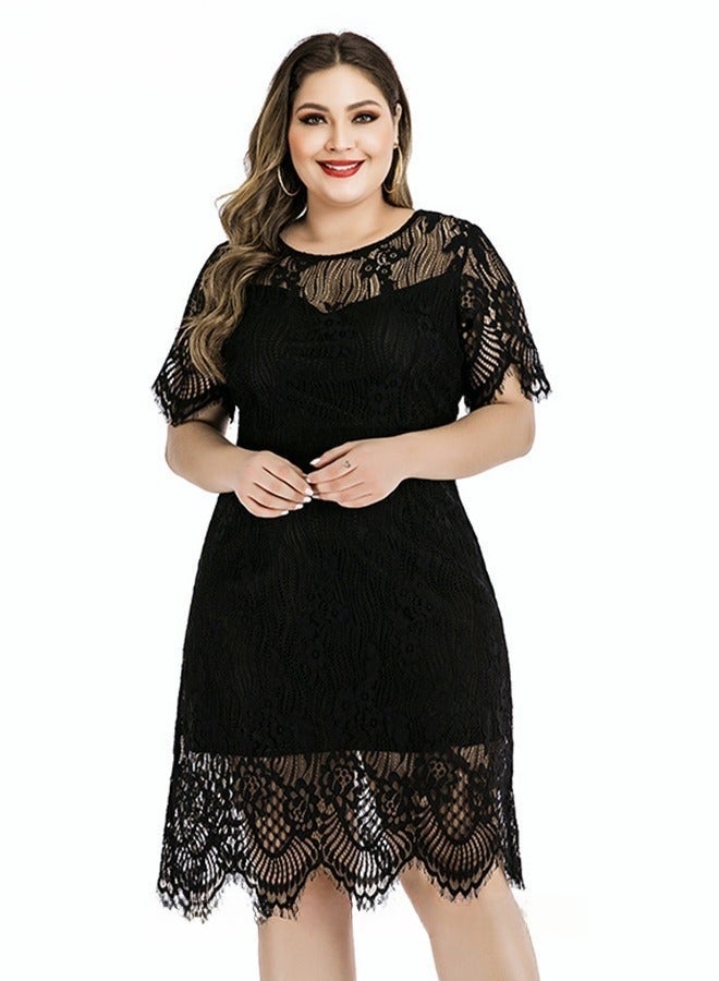 Women's Elegant Round Neck V-Back Wedding Guest Floral Lace Cocktail Party A Line Knee Length Dress Plus Size Hollow Out Short T-Shirt Dress BlackWomen's Elegant Round Neck V-Back Wedding Guest Floral Lace Cocktail Party A Line Knee Length Dress Plus Size Hollow Out Short T-Shirt Dress Black - Image 5
