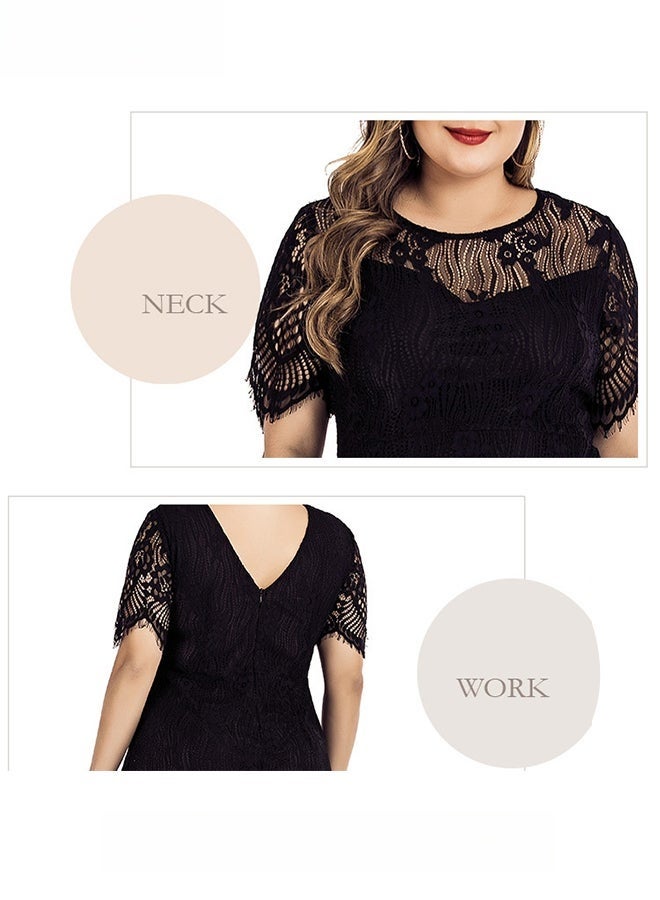 Women's Elegant Round Neck V-Back Wedding Guest Floral Lace Cocktail Party A Line Knee Length Dress Plus Size Hollow Out Short T-Shirt Dress BlackWomen's Elegant Round Neck V-Back Wedding Guest Floral Lace Cocktail Party A Line Knee Length Dress Plus Size Hollow Out Short T-Shirt Dress Black - Image 3