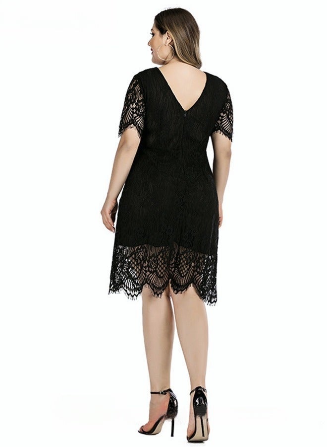 Women's Elegant Round Neck V-Back Wedding Guest Floral Lace Cocktail Party A Line Knee Length Dress Plus Size Hollow Out Short T-Shirt Dress BlackWomen's Elegant Round Neck V-Back Wedding Guest Floral Lace Cocktail Party A Line Knee Length Dress Plus Size Hollow Out Short T-Shirt Dress Black - Image 2