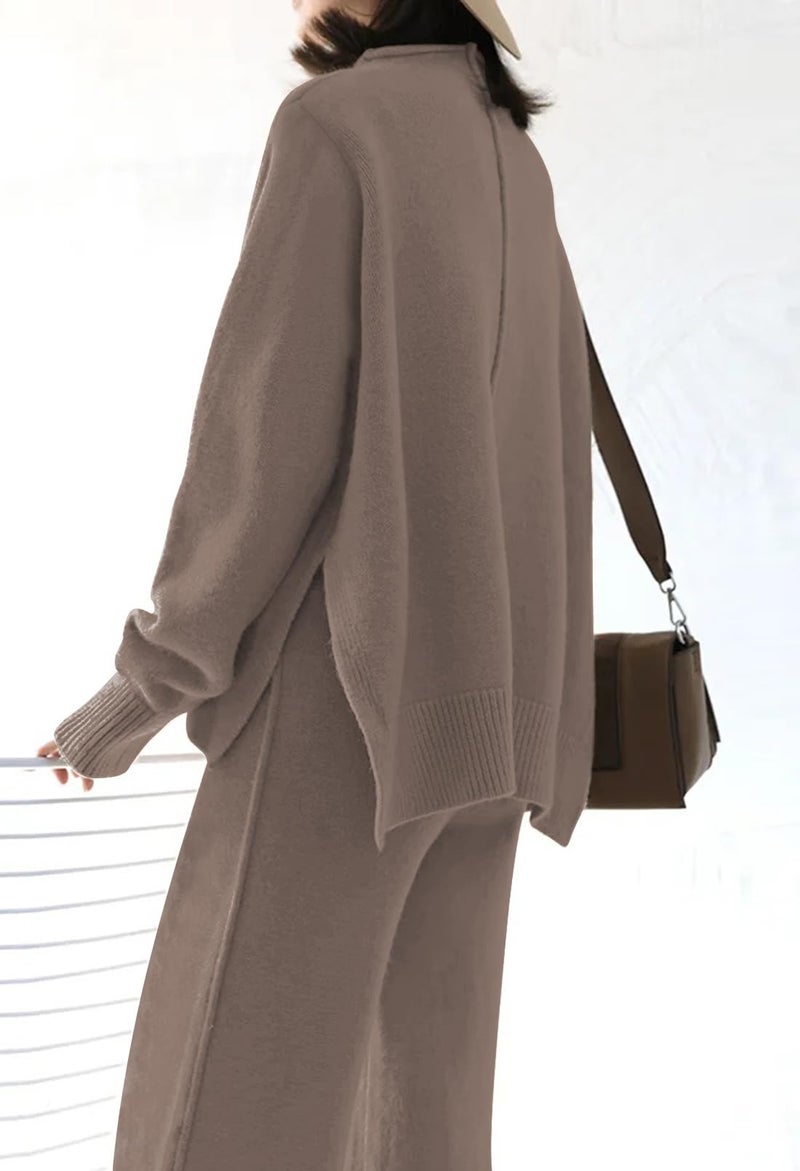 Fixmatti Womens Rib-Knit Pullover Sweater Top Wide Leg Long Pants Set Sweatsuits 2 Piece Outfit Tracksuit Khaki S - Image 5