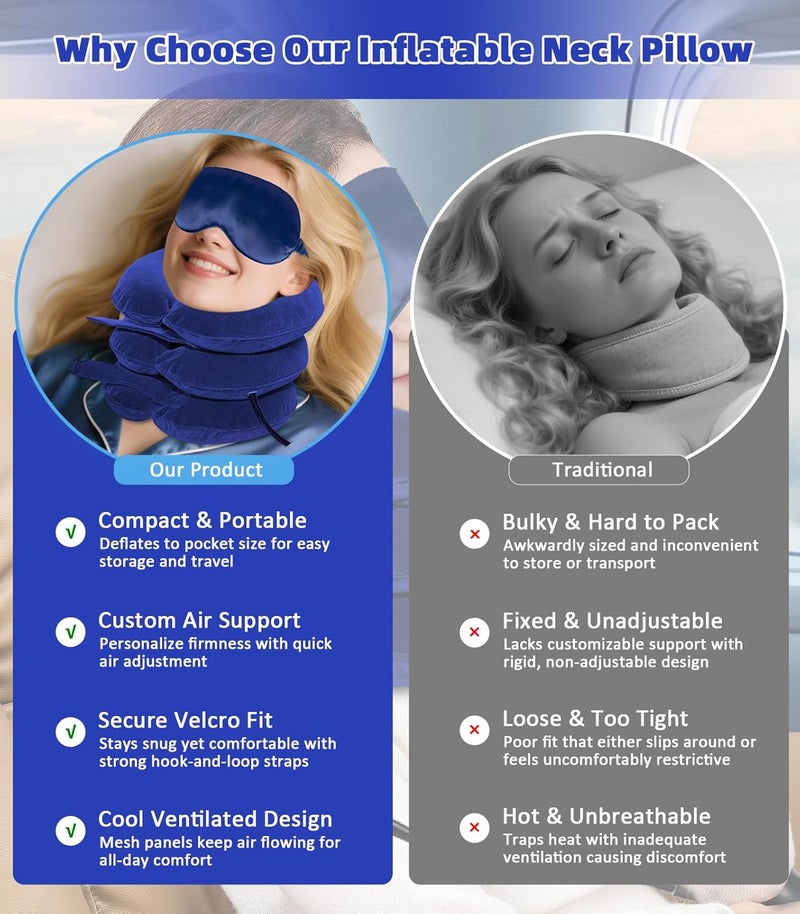 LuxoCare Neck Stretcher Cervical Traction Device  Neck Traction Device for Neck Pain Relief Inflatable Neck Pillow with Eye Mask Adjustable Neck Support for Home Travel Work  RelaxationBlue - Image 2