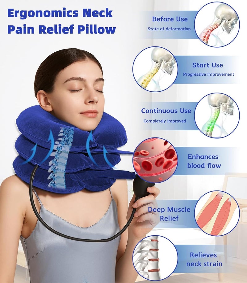 LuxoCare Neck Stretcher Cervical Traction Device  Neck Traction Device for Neck Pain Relief Inflatable Neck Pillow with Eye Mask Adjustable Neck Support for Home Travel Work  RelaxationBlue - Image 3