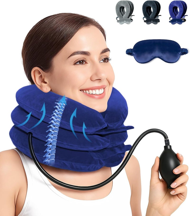 LuxoCare Neck Stretcher Cervical Traction Device  Neck Traction Device for Neck Pain Relief Inflatable Neck Pillow with Eye Mask Adjustable Neck Support for Home Travel Work  RelaxationBlue - Image 1