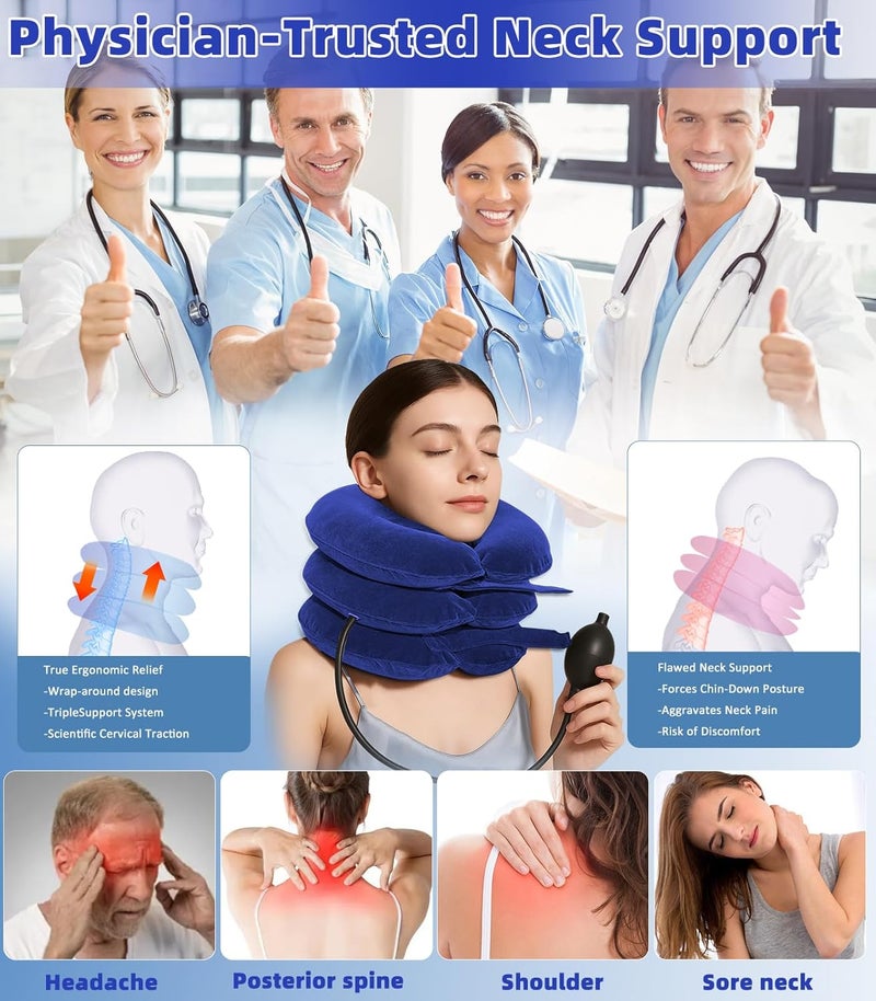 LuxoCare Neck Stretcher Cervical Traction Device  Neck Traction Device for Neck Pain Relief Inflatable Neck Pillow with Eye Mask Adjustable Neck Support for Home Travel Work  RelaxationBlue - Image 4