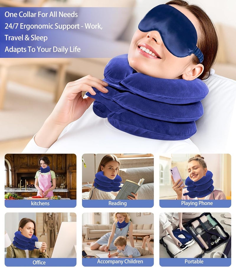 LuxoCare Neck Stretcher Cervical Traction Device  Neck Traction Device for Neck Pain Relief Inflatable Neck Pillow with Eye Mask Adjustable Neck Support for Home Travel Work  RelaxationBlue - Image 5