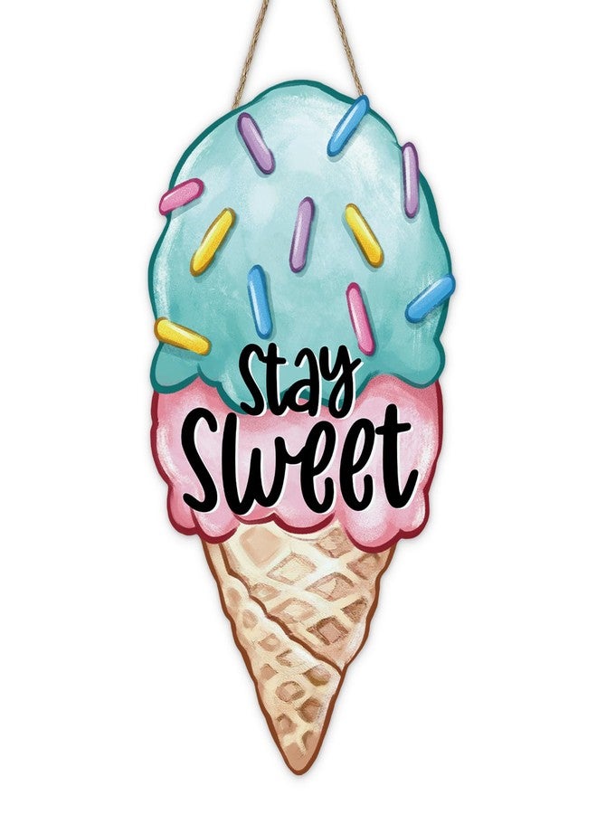 Bolisom Welcome Summer Ice Cream Front Door Sign, Stay Sweet Wood Plaque Hanger Outdoor Outside Porch Home Decor, Farmhouse Wooden Wreath Indoor Wall Hanging Decoration - Image 1