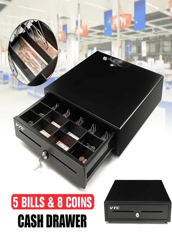 Cash drawer for POS machine, 8 coin slots, 5 paper bills, and adjustable RJ11/12 media slot
