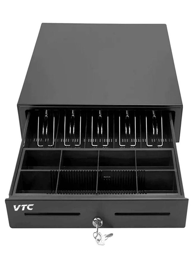 Cash drawer for POS machine, 8 coin slots, 5 paper bills, and adjustable RJ11/12 media slot
