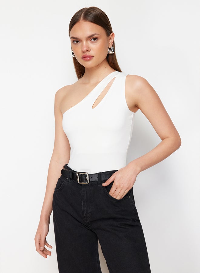 trendyol White Asymmetrical Collar Cut Out Detail Knitted Bodysuit with Snaps at the Bottom  - Image 1