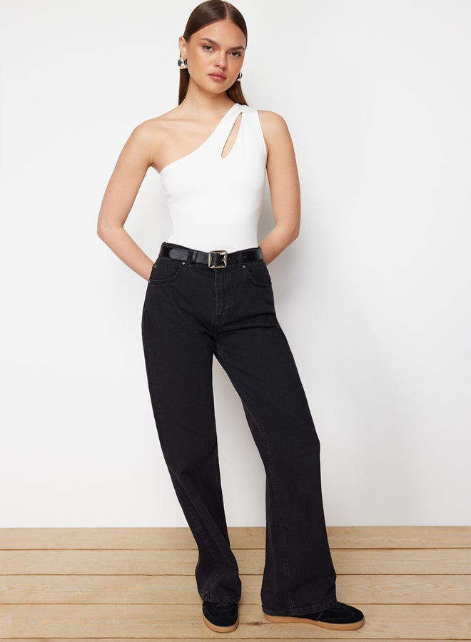 trendyol White Asymmetrical Collar Cut Out Detail Knitted Bodysuit with Snaps at the Bottom  - Image 2