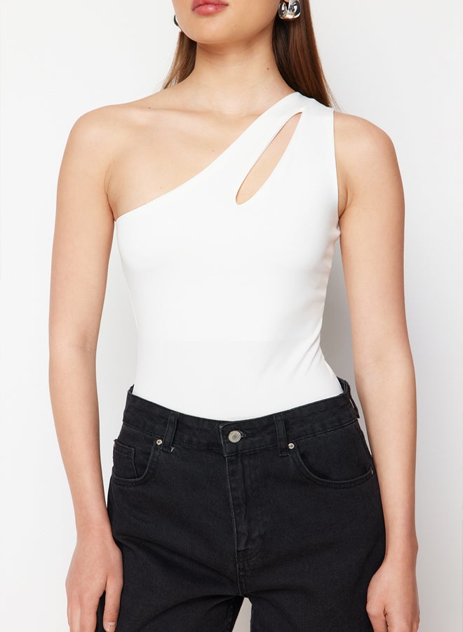 trendyol White Asymmetrical Collar Cut Out Detail Knitted Bodysuit with Snaps at the Bottom  - Image 4