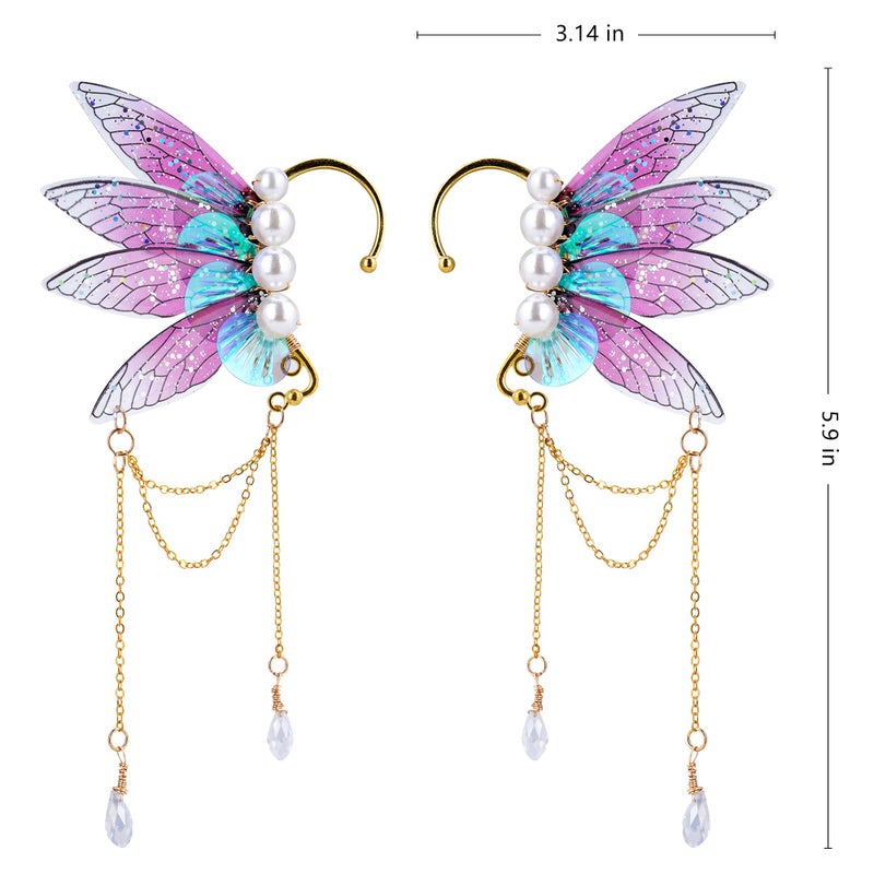 FRESHME Fairy Butterfly Elf Ear Cuffs, Handmade Dreamy Pearl Wings Elf Earrings Teardrop Dangle Non Piercing Metal Ear Cuffs Elven Clips for Women Christmas Renaissance Halloween Custome Cosplay Accessories - Image 3
