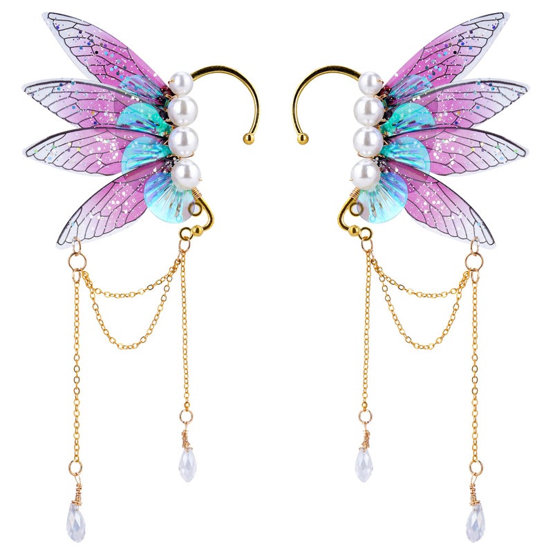 FRESHME Fairy Butterfly Elf Ear Cuffs, Handmade Dreamy Pearl Wings Elf Earrings Teardrop Dangle Non Piercing Metal Ear Cuffs Elven Clips for Women Christmas Renaissance Halloween Custome Cosplay Accessories - Image 1