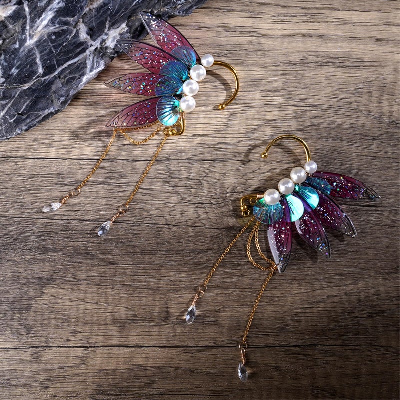 FRESHME Fairy Butterfly Elf Ear Cuffs, Handmade Dreamy Pearl Wings Elf Earrings Teardrop Dangle Non Piercing Metal Ear Cuffs Elven Clips for Women Christmas Renaissance Halloween Custome Cosplay Accessories - Image 5