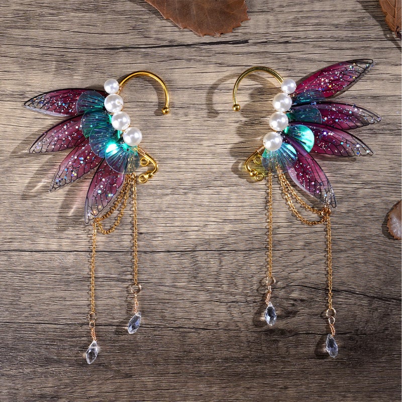FRESHME Fairy Butterfly Elf Ear Cuffs, Handmade Dreamy Pearl Wings Elf Earrings Teardrop Dangle Non Piercing Metal Ear Cuffs Elven Clips for Women Christmas Renaissance Halloween Custome Cosplay Accessories - Image 4