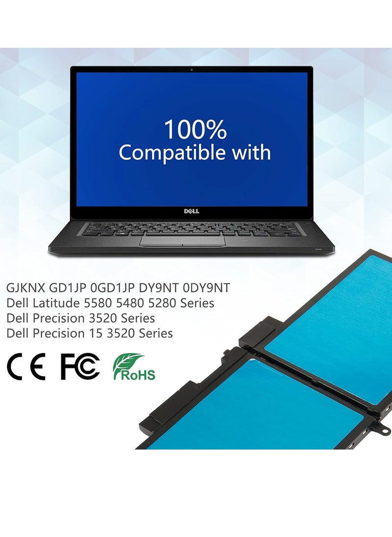 Generic GJKNX GD1JP 68Wh Battery for Dell Latitude 5480 5580 5490 5280 5290 5491 5495 5590 5591 E5480 E5580 E5490 E5590 Precision 3520 3533 53535353520 0 DY9N T 5YHR4 451-BBZG [4 Cells/7.6V], Lithium.  - Image 4