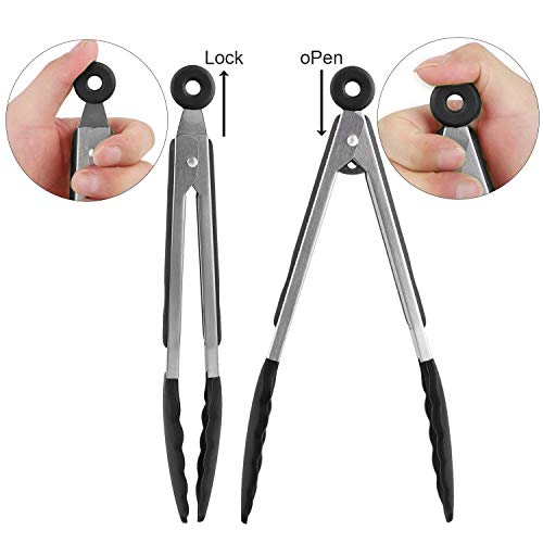 Ramkuwar Stainless Steel Cooking Tongs with Grip Non-Slip Kitchen Tongs for Grilling – 9 & 12 Inch (Black, 2 Piece) - Image 4