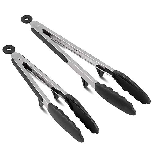Ramkuwar Stainless Steel Cooking Tongs with Grip Non-Slip Kitchen Tongs for Grilling – 9 & 12 Inch (Black, 2 Piece) - Image 1