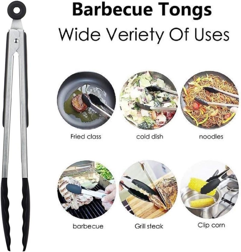 Ramkuwar Stainless Steel Cooking Tongs with Grip Non-Slip Kitchen Tongs for Grilling – 9 & 12 Inch (Black, 2 Piece) - Image 3