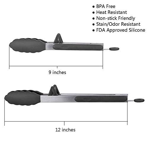 Ramkuwar Stainless Steel Cooking Tongs with Grip Non-Slip Kitchen Tongs for Grilling – 9 & 12 Inch (Black, 2 Piece) - Image 2