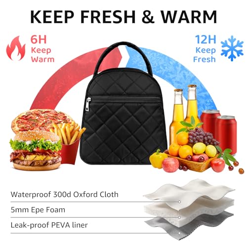 Paquesta Lunch Bag Women Stylish Quilted Lunch Boxes for Adult Fit and Fresh Cooler Insulated Lunchbox for Work Large 11 Liters Cute Compact Lunchbag Waterproof Black - Image 2