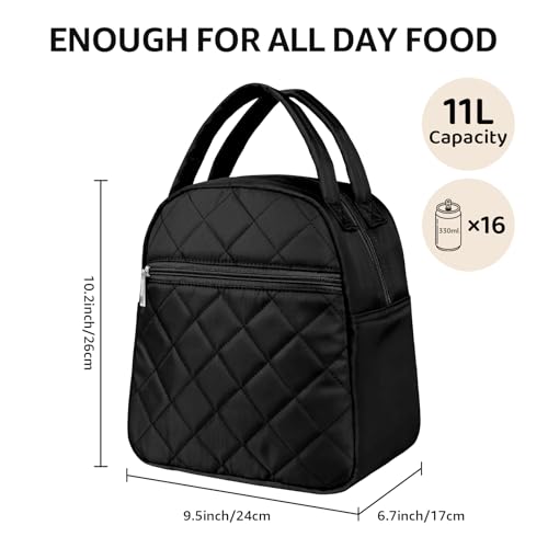 Paquesta Lunch Bag Women Stylish Quilted Lunch Boxes for Adult Fit and Fresh Cooler Insulated Lunchbox for Work Large 11 Liters Cute Compact Lunchbag Waterproof Black - Image 3
