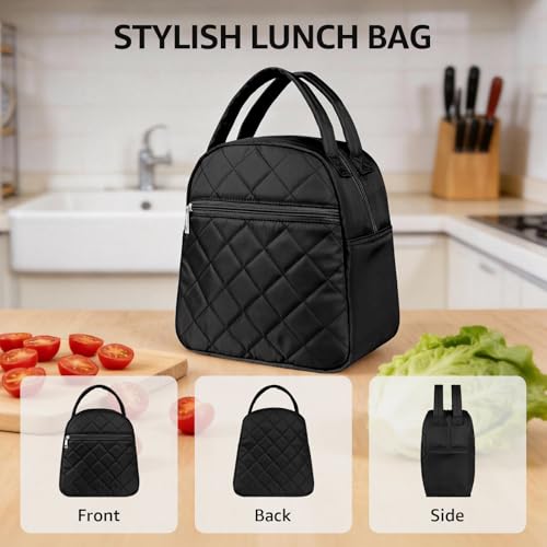 Paquesta Lunch Bag Women Stylish Quilted Lunch Boxes for Adult Fit and Fresh Cooler Insulated Lunchbox for Work Large 11 Liters Cute Compact Lunchbag Waterproof Black - Image 5