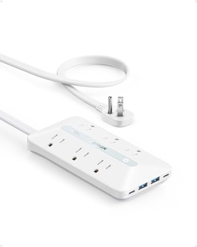 Anker Flat Plug Power Strip(300J) with 20W USB-C, 10-in-1 Ultra Thin Power Strip with 6 AC, 2 USB-A and C Each, 5 ft Extension Cord for Desk Charging Station/Home/Office/College/Dorm Essentials, White - Image 1