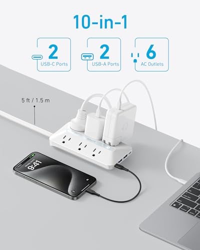 Anker Flat Plug Power Strip(300J) with 20W USB-C, 10-in-1 Ultra Thin Power Strip with 6 AC, 2 USB-A and C Each, 5 ft Extension Cord for Desk Charging Station/Home/Office/College/Dorm Essentials, White - Image 3