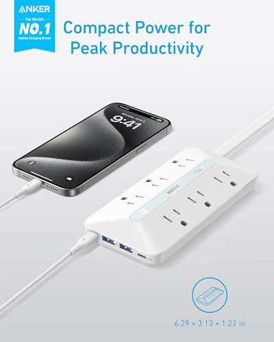 Anker Flat Plug Power Strip(300J) with 20W USB-C, 10-in-1 Ultra Thin Power Strip with 6 AC, 2 USB-A and C Each, 5 ft Extension Cord for Desk Charging Station/Home/Office/College/Dorm Essentials, White - Image 2