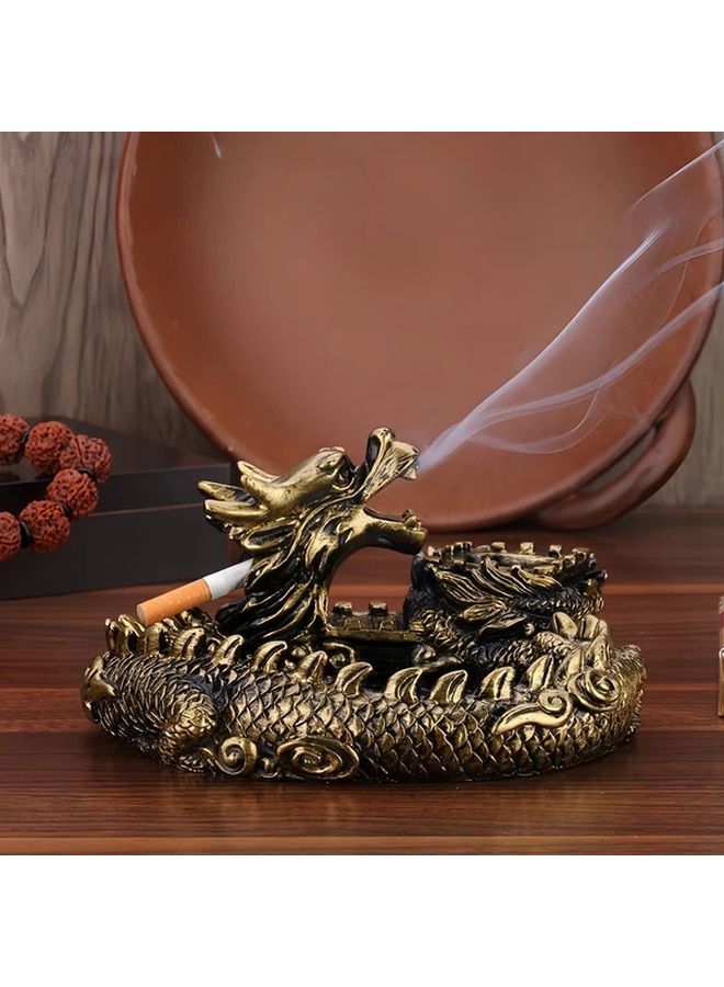 Bronze Round Dragon Ashtray Resin Crafted Durable Home Decor Smokers Gift - Image 2