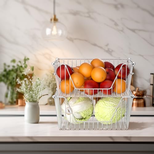 Slideep 14'' Large Stackable Storage Baskets Cabinet Organizer Sturdy Metal Wire Pantry Freezer Bin for Pantry Home Bathroom Kitchen Organization 2 Packs - Image 5