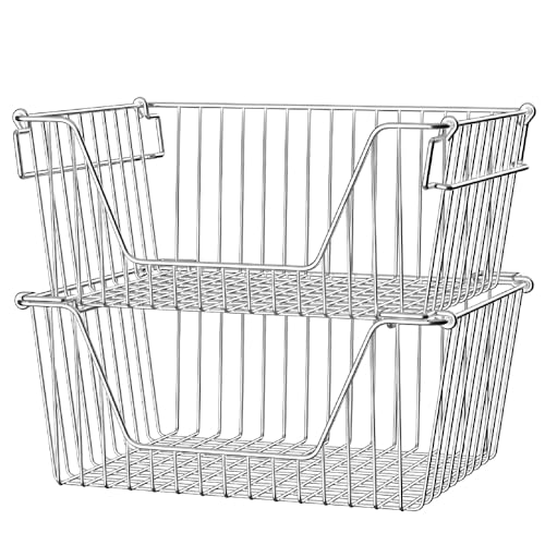 Slideep 14'' Large Stackable Storage Baskets Cabinet Organizer Sturdy Metal Wire Pantry Freezer Bin for Pantry Home Bathroom Kitchen Organization 2 Packs - Image 1