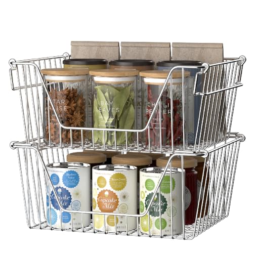 Slideep 14'' Large Stackable Storage Baskets Cabinet Organizer Sturdy Metal Wire Pantry Freezer Bin for Pantry Home Bathroom Kitchen Organization 2 Packs - Image 4