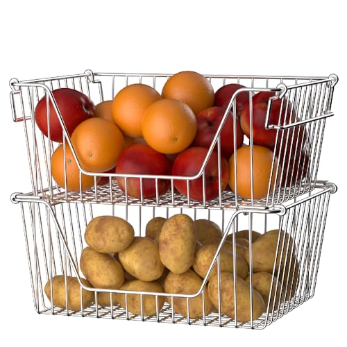 Slideep 14'' Large Stackable Storage Baskets Cabinet Organizer Sturdy Metal Wire Pantry Freezer Bin for Pantry Home Bathroom Kitchen Organization 2 Packs - Image 3