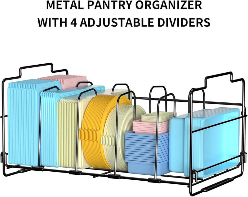 GAGUIUP Set of 2 Stackable Food Container Lid Organizer, Adjustable Metal Lid Storage Shelf for Kitchen, 4 Dividers Detachable Lid Organiser Rack for Cabinets, Cupboards, Pantry Shelves, Drawers, Black - Image 5