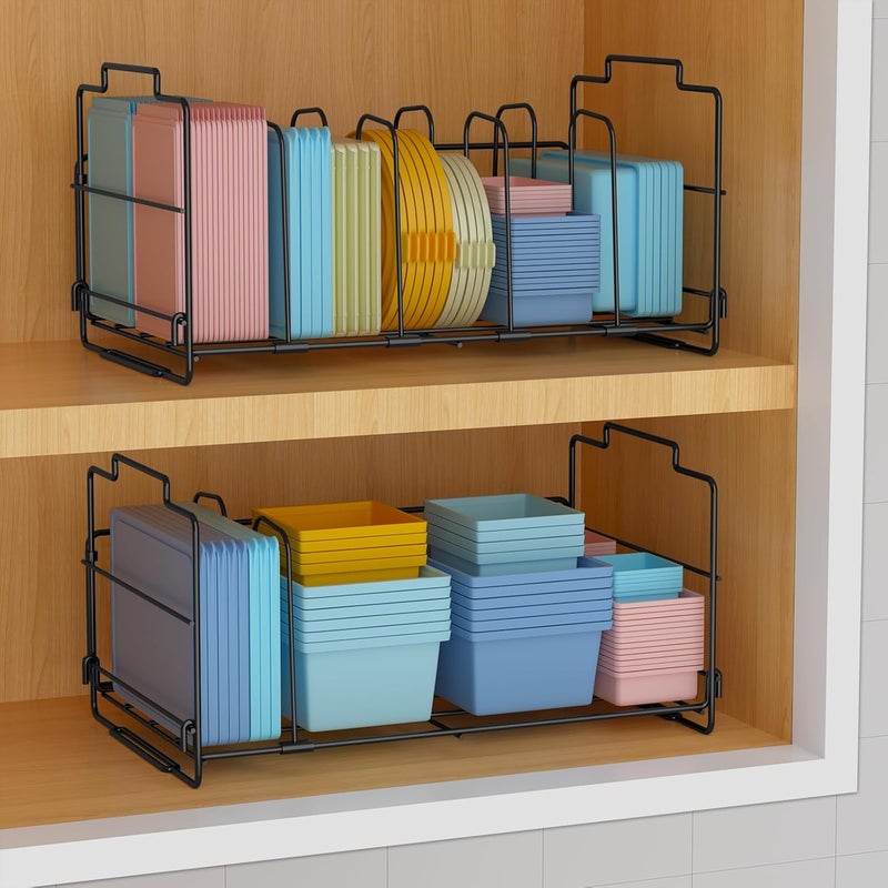 GAGUIUP Set of 2 Stackable Food Container Lid Organizer, Adjustable Metal Lid Storage Shelf for Kitchen, 4 Dividers Detachable Lid Organiser Rack for Cabinets, Cupboards, Pantry Shelves, Drawers, Black - Image 4