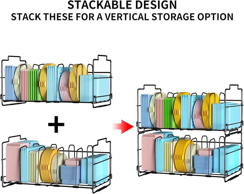 GAGUIUP Set of 2 Stackable Food Container Lid Organizer, Adjustable Metal Lid Storage Shelf for Kitchen, 4 Dividers Detachable Lid Organiser Rack for Cabinets, Cupboards, Pantry Shelves, Drawers, Black - Image 2