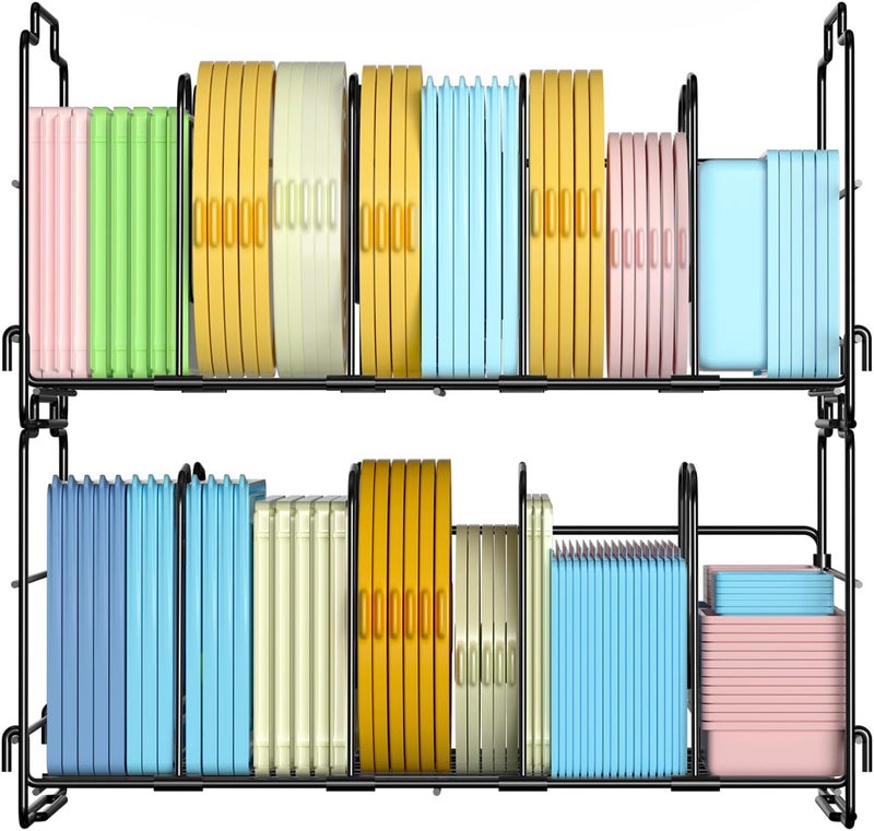 GAGUIUP Set of 2 Stackable Food Container Lid Organizer, Adjustable Metal Lid Storage Shelf for Kitchen, 4 Dividers Detachable Lid Organiser Rack for Cabinets, Cupboards, Pantry Shelves, Drawers, Black - Image 1