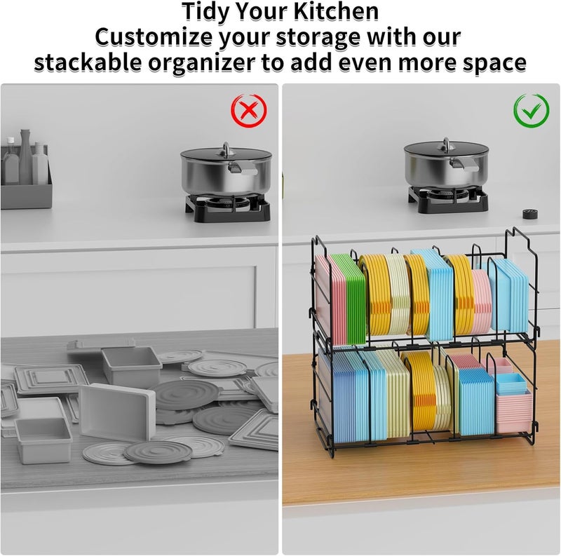 GAGUIUP Set of 2 Stackable Food Container Lid Organizer, Adjustable Metal Lid Storage Shelf for Kitchen, 4 Dividers Detachable Lid Organiser Rack for Cabinets, Cupboards, Pantry Shelves, Drawers, Black - Image 3