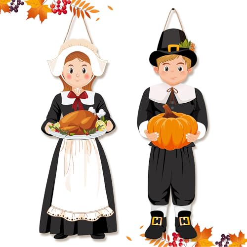Capoda 2 Pcs Thanksgiving Hanging Sign Decorations Thanksgiving Pilgrim Boy and Girl Wood Porch Sign Turkey Pumpkin Door Decorations for Autumn Harvest Party Front Door Porch Home Wall Decor Supplies - Image 1