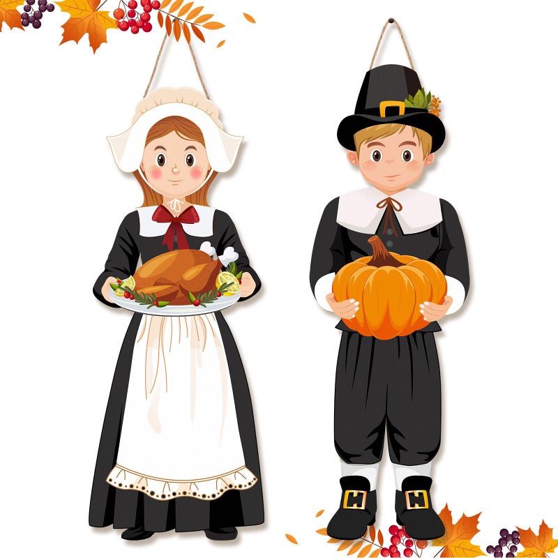 Capoda 2 Pcs Thanksgiving Hanging Sign Decorations Thanksgiving Pilgrim Boy and Girl Wood Porch Sign Turkey Pumpkin Door Decorations for Autumn Harvest Party Front Door Porch Home Wall Decor Supplies - Image 2