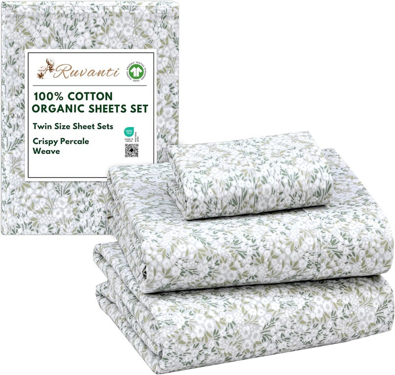 Ruvanti 100% Cotton Organic Percale Sheets Twin Size – Crisp Cooling Bed Sheets for Hot Sleepers, Deep Pocket 15”, Soft Peach Finish, Breathable & Durable Hotel-Style 3 Pcs, Floral Rush - Image 1