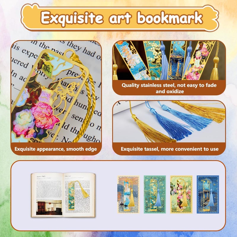 Kinsound Updated 4pcs Metal Bookmarks with Tassel, Golden Van Gogh Monet Oil Painting Theme Cute Book Markers for Reading Women, Book Lovers, Reading Accessories Gifts for Book Lovers - Image 2