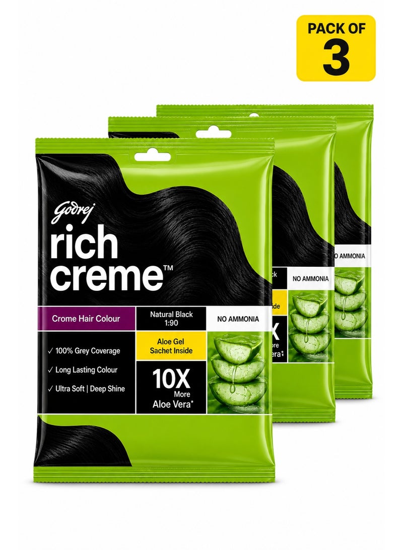 Godrej Rich Crème Hair Colour Natural Black 1.00 Pack of 3 | No Ammonia Hair Dye with Aloe Vera | 100% Grey Coverage | Long Lasting Crème Hair Colour - Image 1