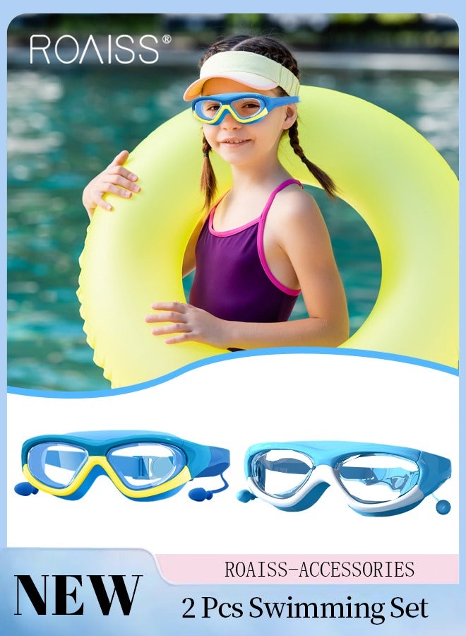 roaiss 2 Pcs Kids Swim Goggles Set, Waterproof Anti-fog Swimming Goggles with Integrated Earplugs, Clear Vision Pool Goggles for Boys Girls Age 3-15 Youth, Blue and Yellow  - Image 1